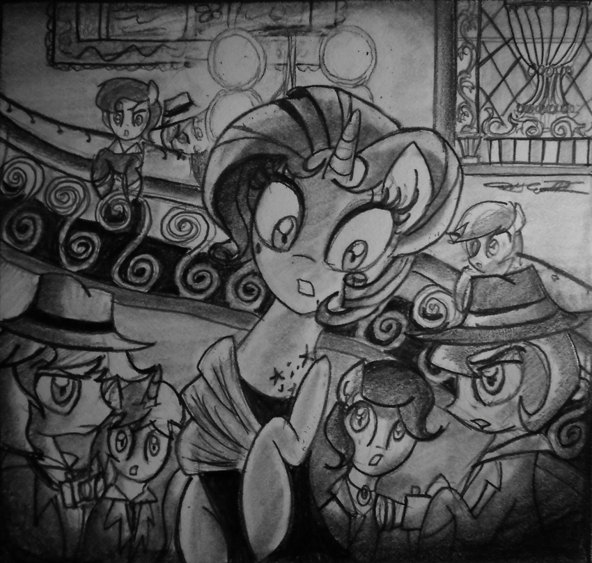 absurd_res black_and_white camera clothed clothing equine female feral friendship_is_magic greyscale group hat hi_res horn horse male mammal monochrome my_little_pony pony rarity_(mlp) traditional_media unicorn watching willis96