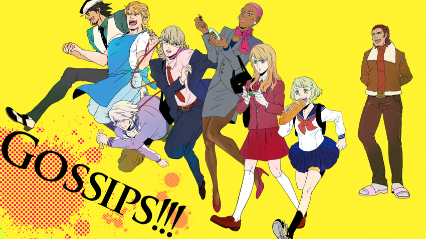 6+boys antonio_lopez apron backpack bag baguette barnaby_brooks_jr bread citrus102 crossdressing dark_skin eating english food formal highres huang_baoling ivan_karelin kaburagi_t_kotetsu karina_lyle keith_goodman leash multiple_boys multiple_girls nathan_seymour school_uniform serafuku skirt_suit slippers suit tiger_&amp;_bunny