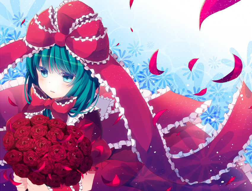 aqua_eyes aqua_hair arm_ribbon bad_id bad_pixiv_id blush bouquet bow flower frills front_ponytail hair_bow hair_ornament hair_ribbon holding kagiyama_hina long_hair rairateru ribbon rose short_sleeves solo touhou