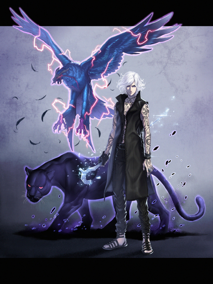 1boy absurdres animal arm_tattoo beak belt belt_buckle bird bite_addict black_coat black_feathers black_fur black_gloves black_pants blue_feathers bracelet buckle cane cat chains closed_mouth coat devil_may_cry devil_may_cry_5 electricity extra extra_eyes extra_tongue falling_feathers feathers fingerless_gloves flying full_body full_body_tattoo gloves glowing hand_tattoo highres holding holding_cane jewelry lens_flare necklace no_shirt panther pants pocket purple_eyes red_eyes ring sandals short_hair smile standing talons tattoo tongue tongue_out v_(devil_may_cry) walking whiskers white_hair wings yellow_eyes