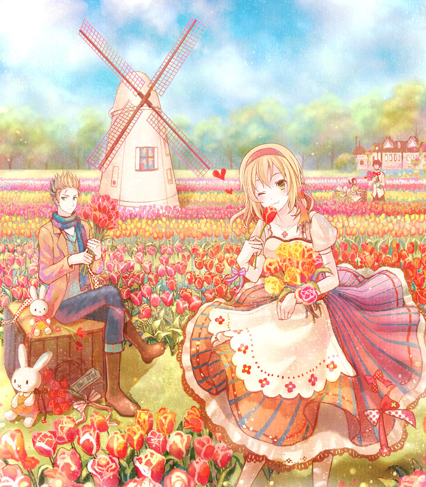 2girls :3 anko_kinako axis_powers_hetalia basket belgium_(hetalia) blonde_hair bouquet box brother_and_sister bunny colorful dress field flower flower_field green_eyes hair_ribbon heart highres house miffy miffy_(character) multiple_boys multiple_girls netherlands_(hetalia) one_eye_closed revision ribbon scar scarf siblings southern_italy_(hetalia) spain_(hetalia) stuffed_animal stuffed_toy tree tulip windmill