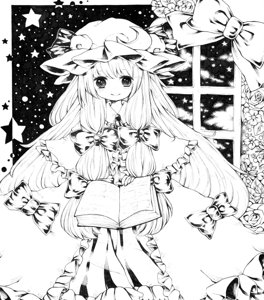 book crescent greyscale hair_ribbon hat highres long_hair millipen_(medium) monochrome patchouli_knowledge ribbon smile solo star tayunn touhou traditional_media