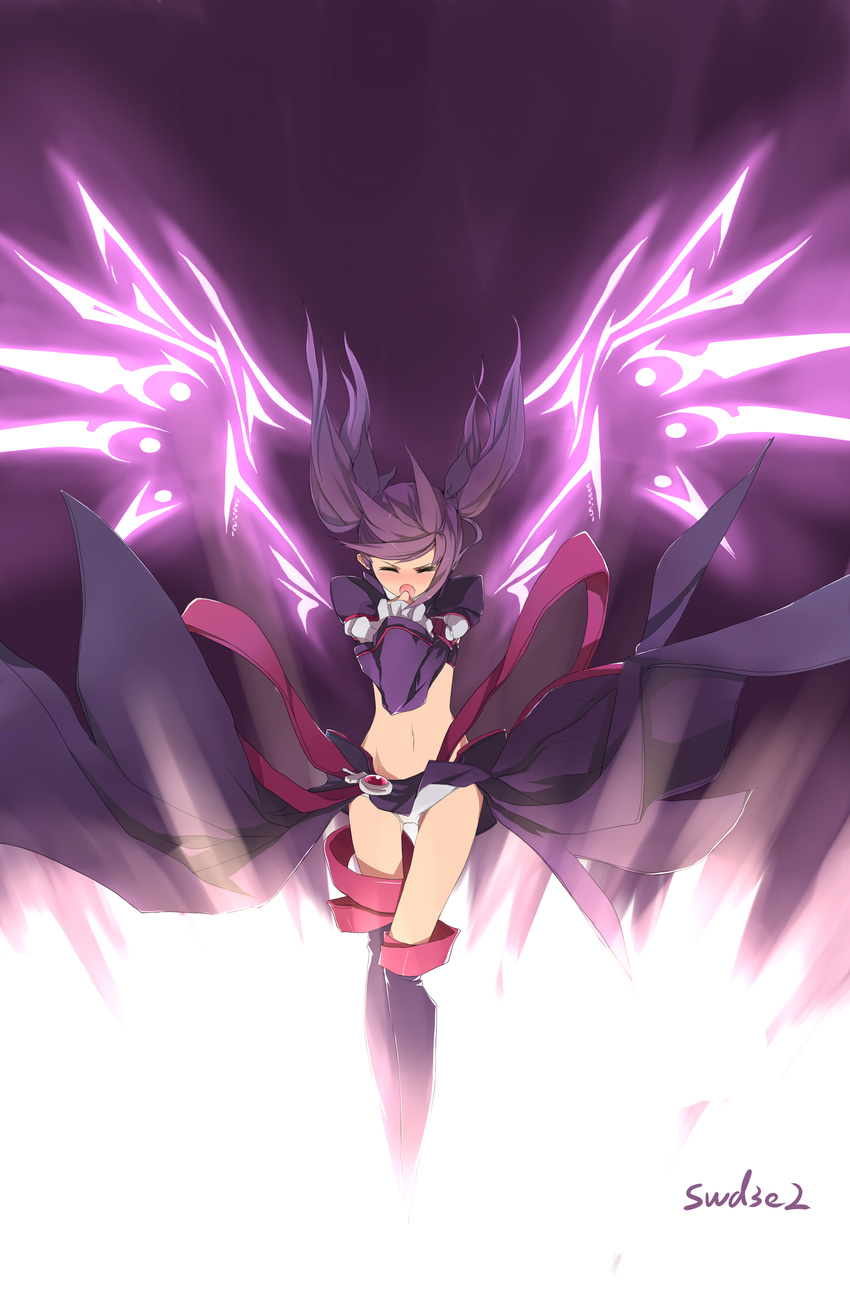:o absurdres aisha_(elsword) artist_name bad_id bad_pixiv_id boots closed_eyes elsword full_body highres long_hair midriff navel no_nose panties pantyshot purple purple_background purple_footwear purple_hair purple_legwear purple_skirt purple_sleeves skirt solo swd3e2 thighhighs twintails underwear void_princess_(elsword) white_panties wind wind_lift wings