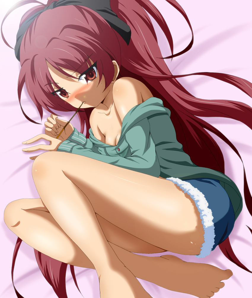 bare_legs bare_shoulders barefoot blush commentary_request curled_up dr._cryptoso face feet food highres long_hair lying mahou_shoujo_madoka_magica mouth_hold off_shoulder on_side open_clothes open_shirt pocky ponytail red_eyes red_hair revision sakura_kyouko shirt shorts solo