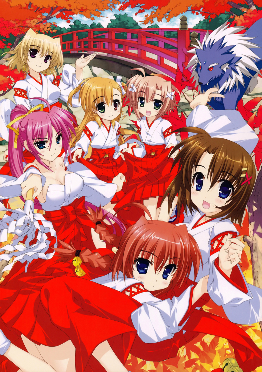 6+girls absurdres ahoge autumn bell blonde_hair blue_eyes blush bow braid breasts bridge brown_hair cleavage detached_sleeves earrings fujima_takuya gohei green_eyes hair_bow hair_ribbon heterochromia highres japanese_clothes jewelry leaf long_hair lyrical_nanoha mahou_shoujo_lyrical_nanoha mahou_shoujo_lyrical_nanoha_a's mahou_shoujo_lyrical_nanoha_a's mahou_shoujo_lyrical_nanoha_strikers mahou_shoujo_lyrical_nanoha_vivid miko miura_rinaldi multiple_girls open_mouth pink_hair pleated_skirt ponytail purple_eyes red_eyes red_hair ribbon shamal short_hair short_twintails signum skirt skirt_lift smile translation_request tree twin_braids twintails vita vivio wolf yagami_hayate zafira