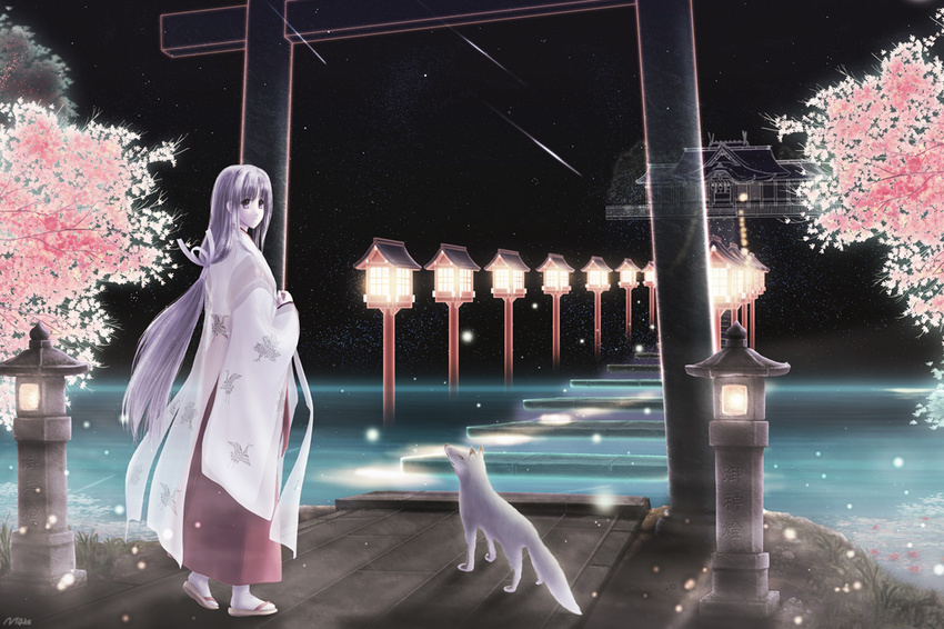 architecture bug cherry_blossoms east_asian_architecture firefly fox insect japanese_clothes lantern long_hair long_sleeves night night_sky ntake_toukasaien original purple_eyes purple_hair sky standing star stone_lantern torii tree wide_sleeves