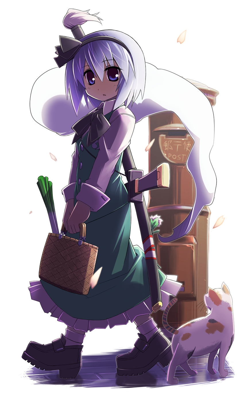 bad_id bad_pixiv_id bag blue_eyes bow cat full_body ghost hair_ribbon hakoniwa_tsuka highres hitodama katana konpaku_youmu konpaku_youmu_(ghost) looking_at_viewer revision ribbon shirt shopping_bag short_hair silver_hair skirt skirt_set solo spring_onion sword touhou vest walking weapon