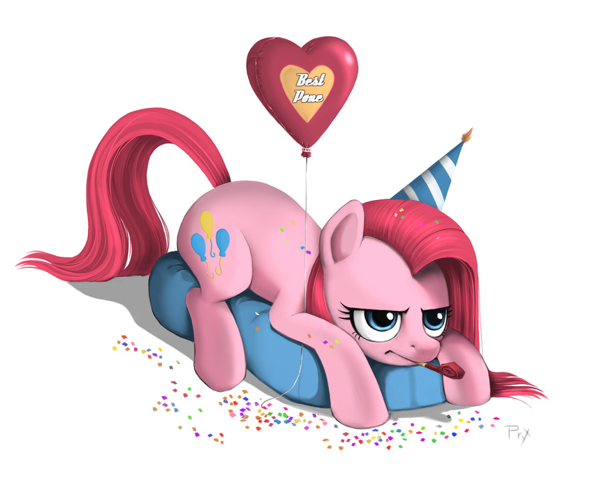 &lt;3 balloon blue_eyes confetti cutie_mark english_text equine female feral friendship_is_magic fur hair horse mammal my_little_pony party_hat pink_fur pink_hair pinkamena_(mlp) pinkie_pie_(mlp) plain_background pony ponykillerx solo text unimpressed white_background