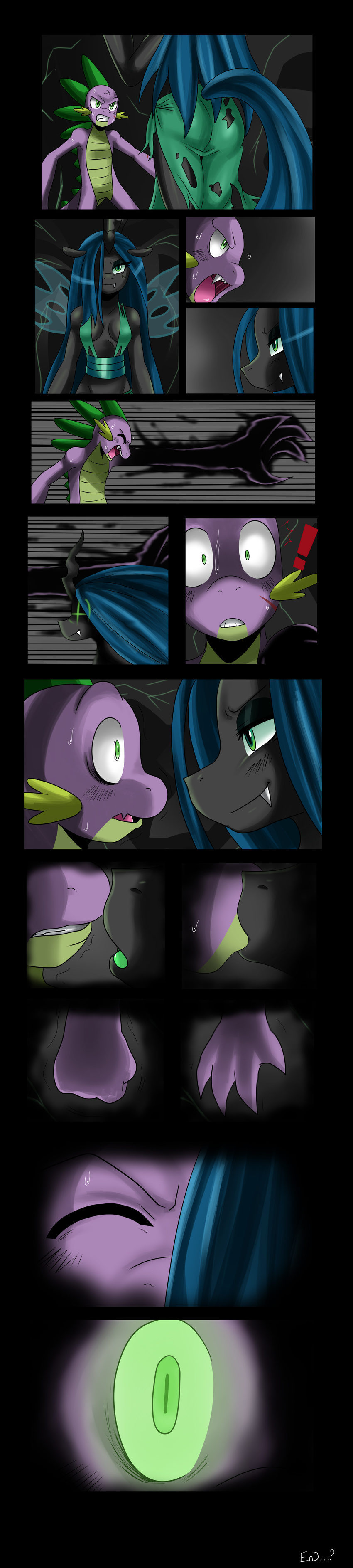 ! attack blue_hair breasts cleavage comic eyeshadow fangs female friendship_is_magic glowing_eyes green_eyes hair kissing long_hair makeup male my_little_pony nervous queen_chrysalis_(mlp) scar skirt smile smirk spike_(mlp) sweat yelling