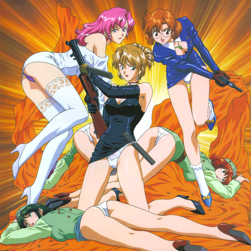 90s :o absurdres agent_aika aida_rion aika_(series) alternate_costume ankle_socks aqua_eyes armpits ass ass_visible_through_thighs bangs bare_shoulders black_delmo black_footwear black_neckwear blue_delmo blue_dress blue_eyes blue_footwear bob_cut bow breasts brown_eyes brown_footwear brown_hair bullet choker cleavage cleavage_cutout closed_mouth covered_nipples crotch_seam downblouse dress earrings elbow_gloves extra folded_ponytail garrison_cap glasses gloves green_hair green_hat green_jacket green_skirt gun handgun hat high_heels highres holding holding_gun holding_weapon jacket jewelry kneeling kneepits lanchester_smg legs lipstick long_hair long_sleeves lying makeup medium_breasts multiple_girls neena_hagen official_art on_stomach open_mouth orange_background orange_hair panties pink_hair pistol purple_hair purple_panties raised_eyebrows red_hair red_lips shoes short_hair skirt socks standing standing_on_one_leg submachine_gun sumeragi_aika thighhighs top-down_bottom-up unconscious underwear uniform weapon white_delmo white_dress white_footwear white_legwear white_panties yamauchi_noriyasu yellow_bow