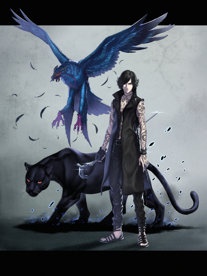 1boy absurdres animal arm_tattoo beak belt belt_buckle bird bite_addict black_coat black_feathers black_fur black_gloves black_hair black_pants blue_feathers bracelet buckle cane cat chains closed_mouth coat devil_may_cry devil_may_cry_5 extra extra_eyes extra_tongue falling_feathers feathers fingerless_gloves flying full_body full_body_tattoo gloves green_eyes hand_tattoo highres holding holding_cane jewelry lens_flare necklace no_shirt panther pants pocket red_eyes ring sandals short_hair smile standing talons tattoo tongue tongue_out walking whiskers wings yellow_eyes