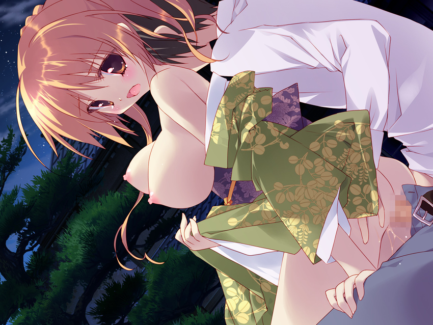 breasts censored game_cg hoshizora_e_kakaru_hashi hoshizora_e_kakaru_hashi_aa japanese_clothes night nipples no_bra nopan orange_hair penis pussy_juice sex toudou_tsumugi tsurusaki_takahiro