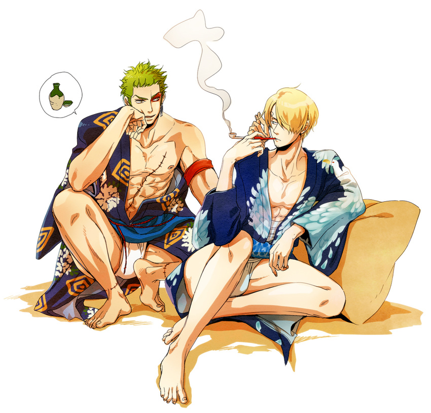2boys blonde_hair green_hair hakuto_(hkt1132) male male_focus multiple_boys one_piece pipe roronoa_zoro sanji sitting yaoi