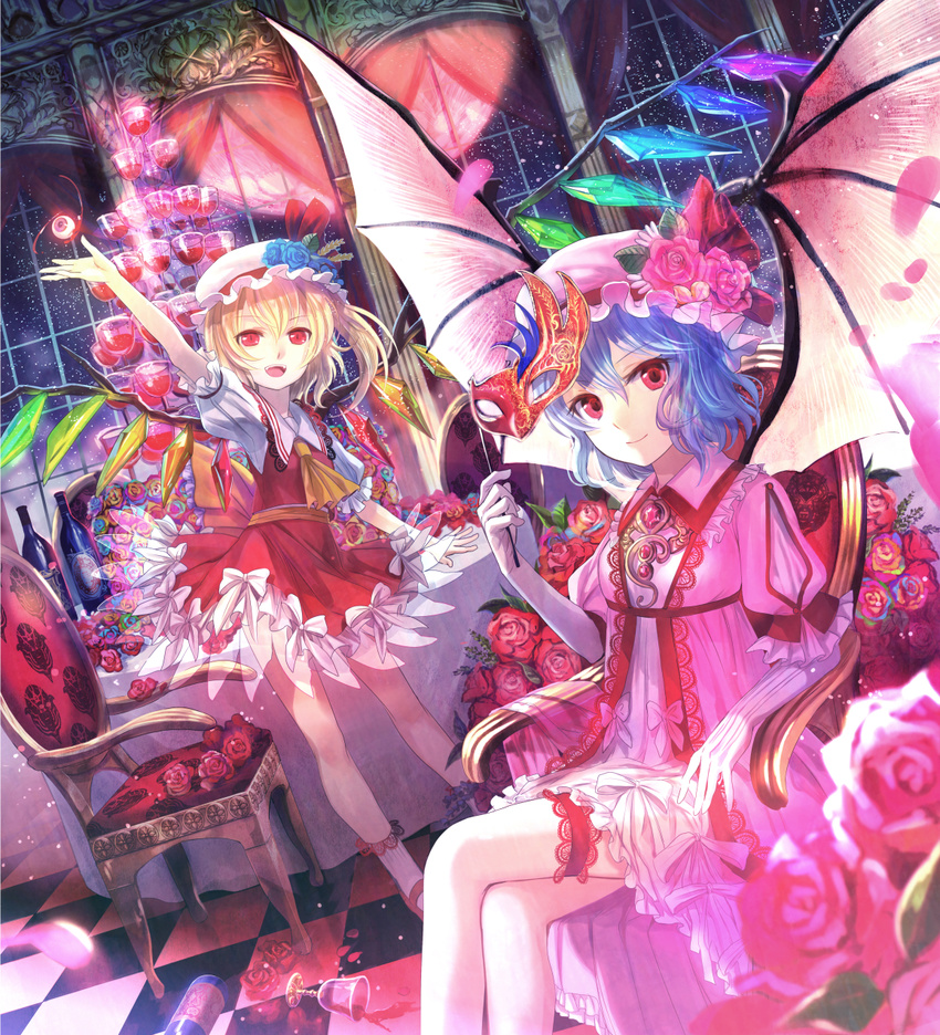 arm_up ascot bare_legs bat_wings blonde_hair blue_flower blue_hair blue_rose bottle brooch chair checkered checkered_floor crossed_legs cup dress dutch_angle elbow_gloves embellished_costume eyes flandre_scarlet flower fuji_choko full_moon garters gloves hat hat_flower highres jewelry leg_garter looking_at_viewer mary_janes mask moon multicolored multicolored_rose multiple_girls night night_sky petals pink_flower pink_rose red_eyes red_moon remilia_scarlet revision rose shoes short_hair siblings side_ponytail sisters sitting sky smile spill star_(sky) starry_sky table teacup touhou waving white_gloves window wings