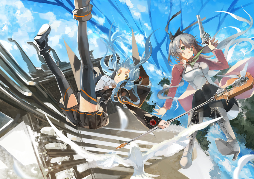 bird black_legwear blue_hair cloud day eiyuu_densetsu elie_macdowell falling green_eyes gun hair_ribbon highres holding_hands long_hair multiple_girls pantyhose ribbon saberiii silver_hair skirt sky staff thighhighs tio_plato weapon yellow_eyes zero_no_kiseki