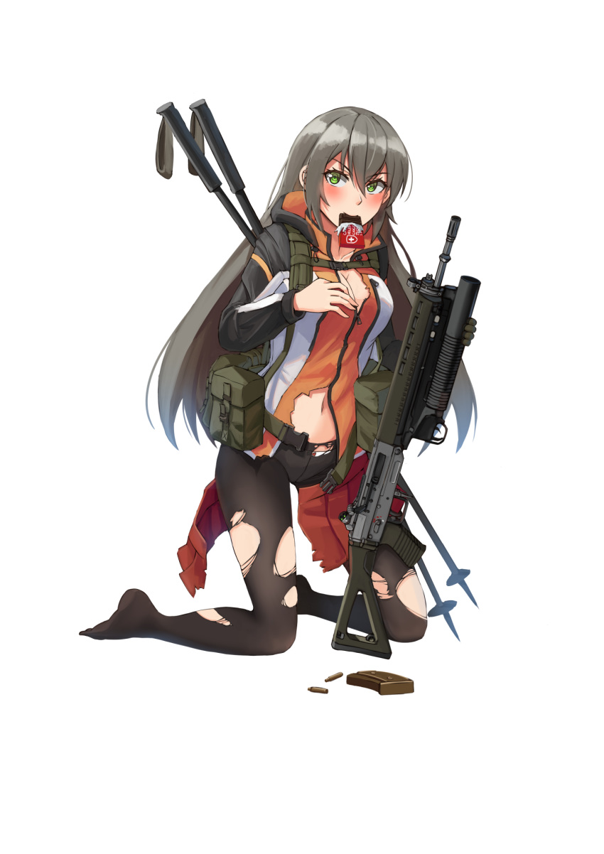 1girl assault_rifle black_hair blush bow bow_panties breasts chocolate cleavage food_in_mouth full_body gloves green_eyes grenade_launcher gun highres holding holding_gun holding_weapon jacket load_bearing_equipment long_hair magazine_(weapon) ndtwofives open_clothes open_skirt original panties panties_under_pantyhose pantyhose pleated_skirt pouch rifle sig_550 sig_sauer single_glove ski_pole skirt solo torn_clothes torn_legwear underbarrel_grenade_launcher underwear weapon white_background white_panties