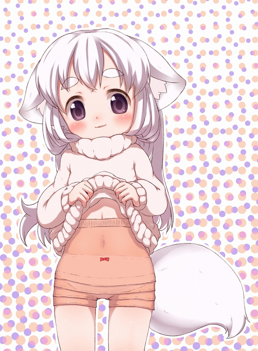 animal_ears blush dog_ears dog_tail grey_eyes highres long_hair midriff navel no_pants original panties shirt_lift silver_hair solo sweater tail ueno_musashi underwear white_panties