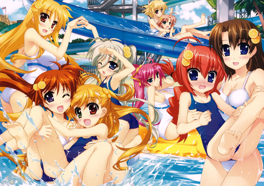 absurdres ahoge barefoot bikini blonde_hair blue_eyes blush braid breasts brown_hair cloud clouds einhart_stratos fate_testarossa feet female fujima_takuya gray_hair green_eyes grey_hair heterochromia highres large_breasts long_hair lyrical_nanoha mahou_shoujo_lyrical_nanoha mahou_shoujo_lyrical_nanoha_a's mahou_shoujo_lyrical_nanoha_a's mahou_shoujo_lyrical_nanoha_strikers mahou_shoujo_lyrical_nanoha_vivid miura_rinaldi official_art palms purple_eyes red_eyes shamal short_hair signum sky smile soles swimsuit takamachi_nanoha toes tree twin_braids vita vivio water wet wink yagami_hayate yuri