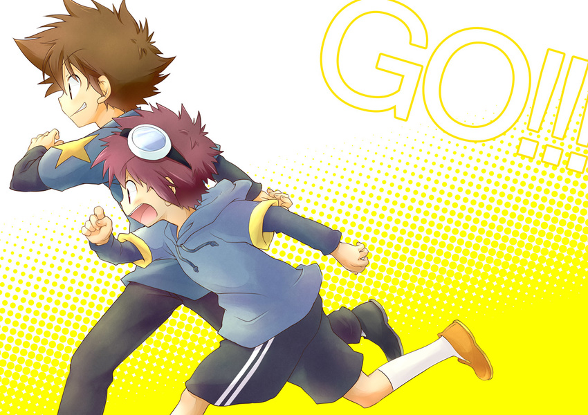 brown_eyes brown_hair digimon digimon_adventure digimon_adventure_02 english goggles grin hood hoodie kao_td motomiya_daisuke multiple_boys short_hair shorts smile socks yagami_taichi