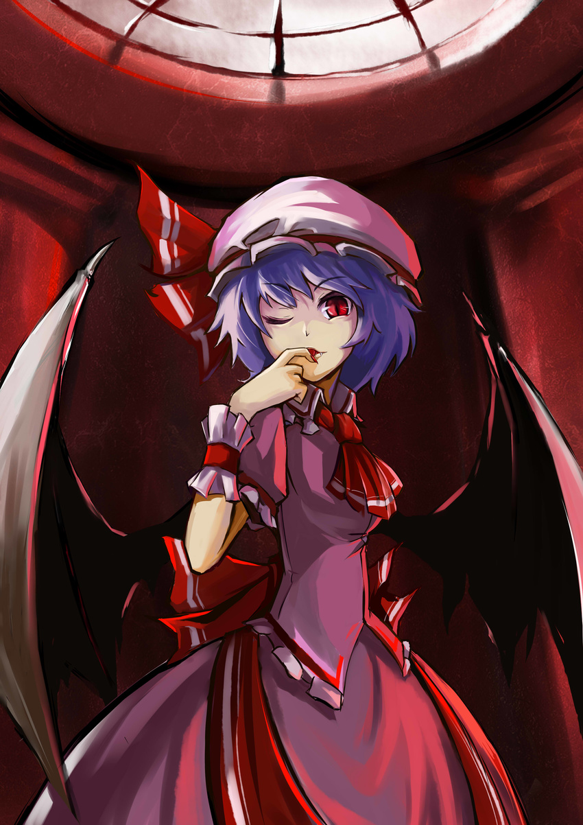 5015632 absurdres ascot bat_wings dress hat highres looking_at_viewer one_eye_closed purple_hair red_eyes remilia_scarlet ribbon short_hair solo standing tongue touhou wings wrist_cuffs