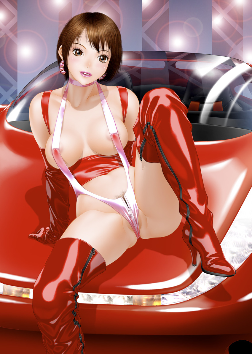 blush boots breasts brown_eyes brown_hair car cleavage earrings elbow_gloves gloves ground_vehicle highres jewelry large_breasts lens_flare lens_flare_abuse looking_at_viewer motor_vehicle navel on_vehicle original pubic_hair short_hair sitting slingshot_swimsuit smile solo swimsuit thigh_boots thighhighs yui_toshiki