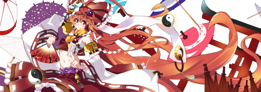 absurdres alternate_hairstyle ascot bare_shoulders belly blush bow detached_sleeves fan flower hair_bow hair_ornament hakurei_reimu highres long_hair makai mask ofuda orange_hair red_eyes smile solo touhou umbrella very_long_hair yin_yang