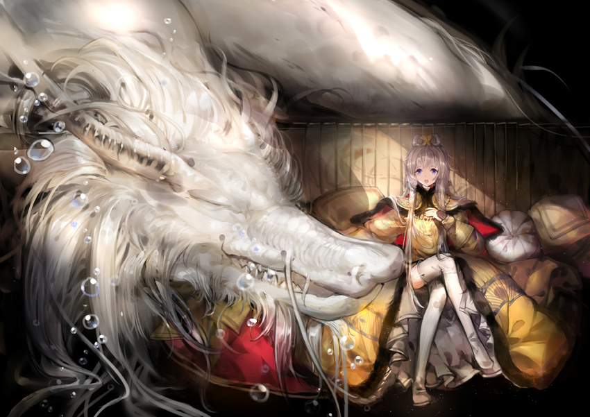boots bubble commentary_request couch crossed_legs dragon luo_tianyi sitting solo susu thigh_boots thighhighs vocaloid vocanese