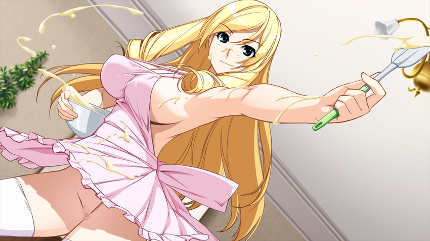 1girl apron armpits blonde_hair blue_eyes breasts censored game_cg hadashi_shoujo ino kareshi_inai_reki_=_nenrei kujou_ruri large_breasts long_hair looking_at_viewer naked_apron no_panties nude pussy smile socks solo standing thighhighs