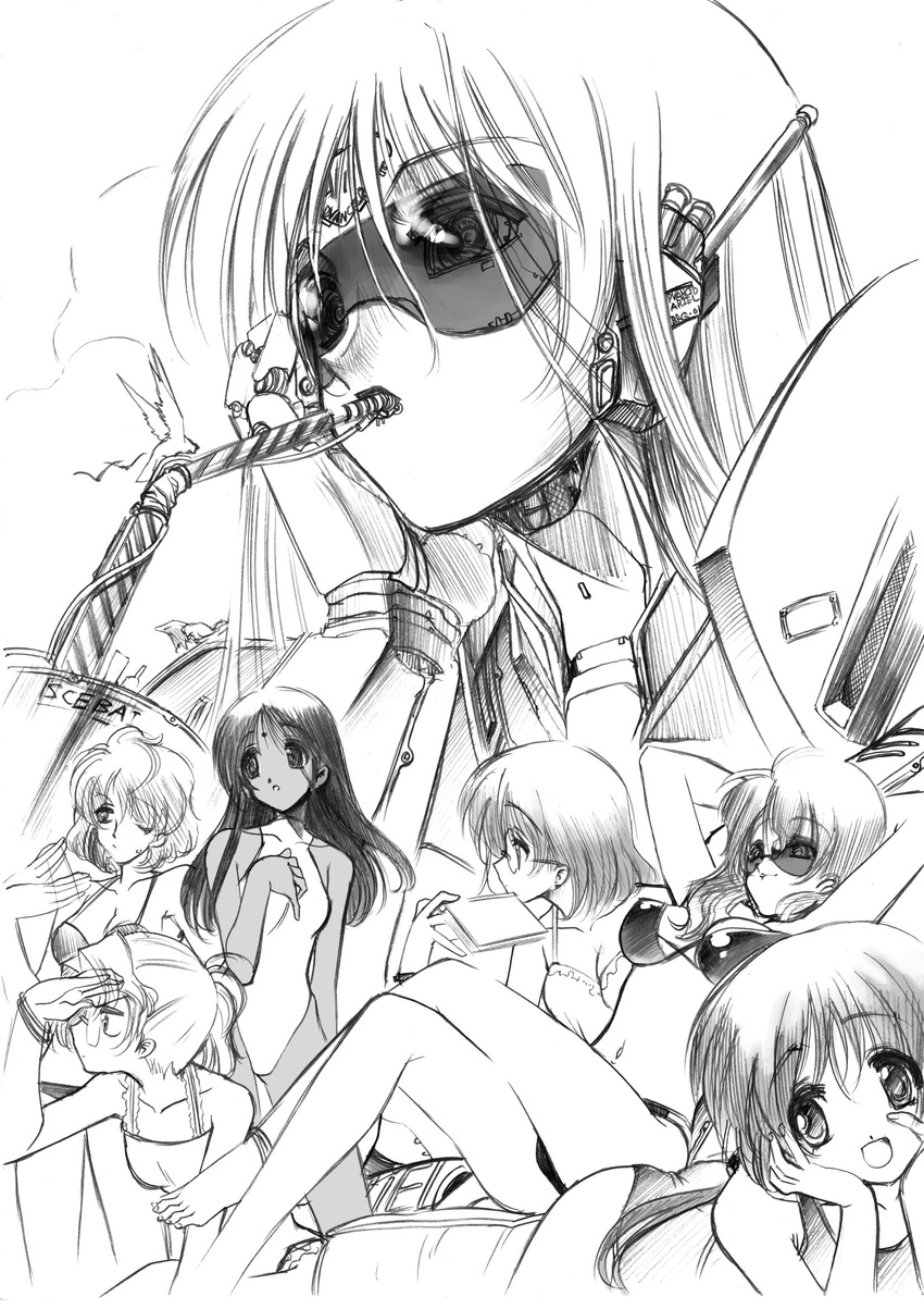 bikini breasts copyright_request giantess greyscale hands_on_own_face highres long_hair looking_at_viewer medium_breasts monochrome multiple_girls open_mouth senomoto_hisashi short_hair smile swimsuit