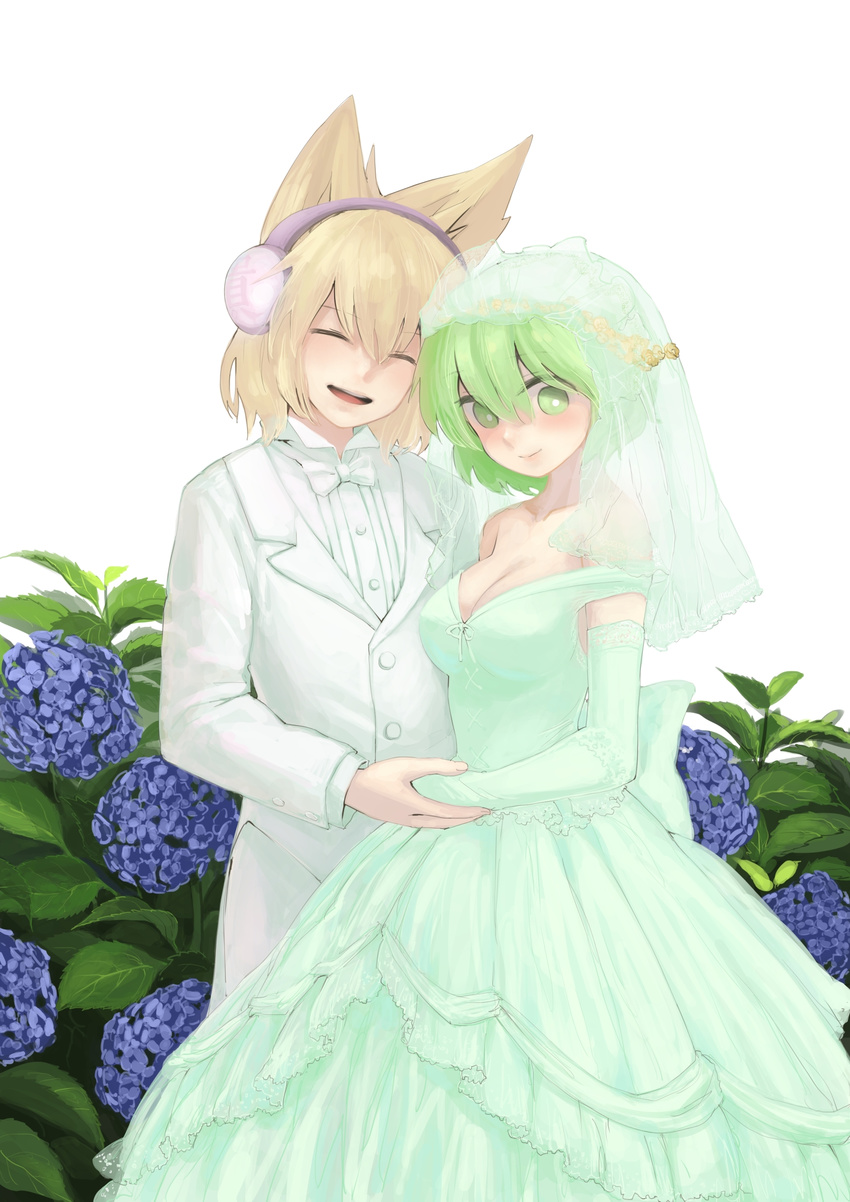 absurdres alternate_costume bad_id bad_pixiv_id blush bow bowtie breasts bridal_veil brown_hair chagen_kokimu cleavage closed_eyes contemporary dress earmuffs elbow_gloves flower formal gloves green_dress green_eyes green_hair highres holding_hands hydrangea large_breasts leaf multiple_girls open_mouth reverse_trap short_hair smile soga_no_tojiko suit touhou toyosatomimi_no_miko tuxedo veil wedding wedding_dress white_suit wife_and_wife yuri