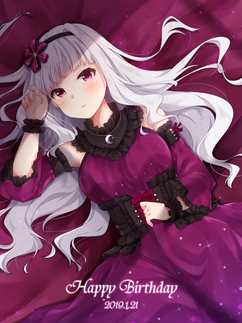1girl armpits bed_sheet blush breasts commentary corset detached_sleeves dress hairband happy_birthday headband highres idolmaster large_breasts long_hair looking_at_viewer lying nekonomimi on_back parted_lips purple_dress purple_eyes shijou_takane silver_hair solo wavy_hair