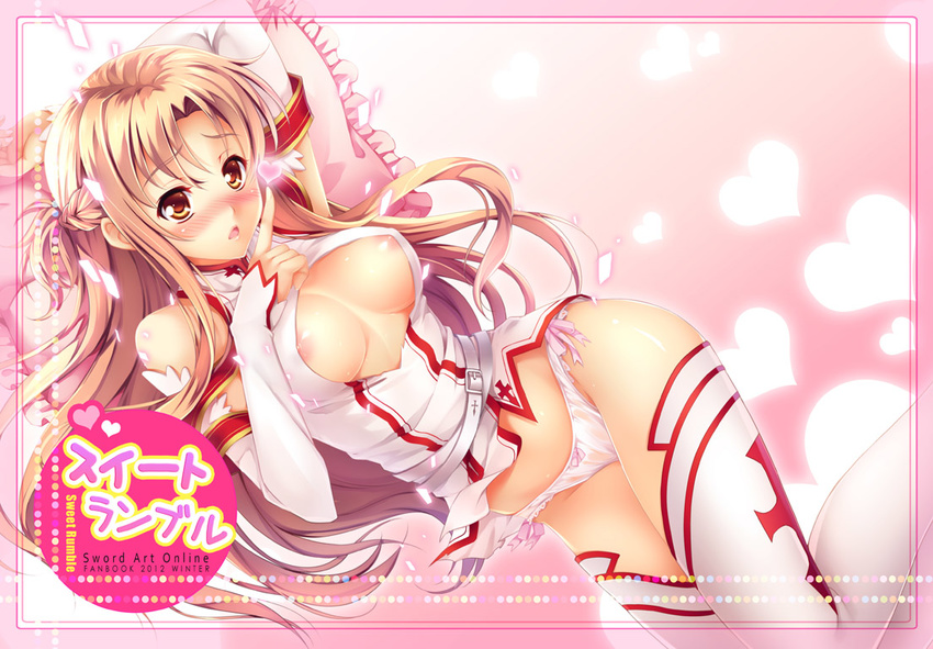 :o asuna_(sao) bare_shoulders belt blush bow bow_panties breasts brown_eyes brown_hair copyright_name cover cover_page dated detached_sleeves heart large_breasts long_hair miiru nipples panties pink_panties solo sword_art_online thighhighs torn_clothes underwear white_legwear