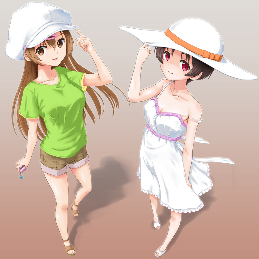 bare_shoulders black_hair breasts brown_hair cabbie_hat candy casual chuunibyou_demo_koi_ga_shitai! dress food gradient gradient_background green_shirt hair_ornament hairclip hand_on_headwear hat hat_ribbon hat_tip highres lollipop long_hair looking_at_viewer medium_breasts mole mole_on_breast multiple_girls nibutani_shinka off_shoulder perspective pink_eyes rasukaru ribbon sandals shirt shorts strap_slip sun_hat sundress t-shirt tsuyuri_kumin white_dress