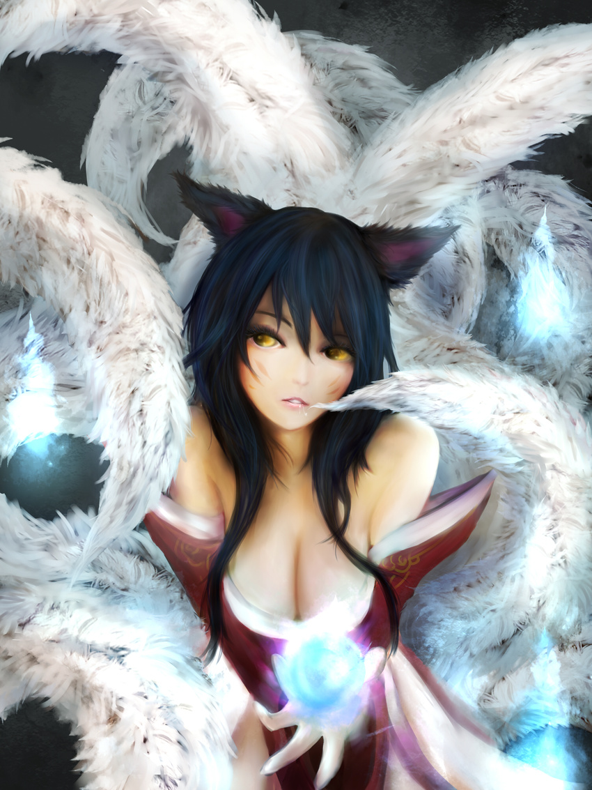 ahri animal_ears bare_shoulders black_hair breasts cleavage fox_ears fox_tail highres korean_clothes large_breasts league_of_legends lips long_hair multiple_tails nose open_mouth saliva saliva_trail solo tail yellow_eyes zhang_xiao_bo