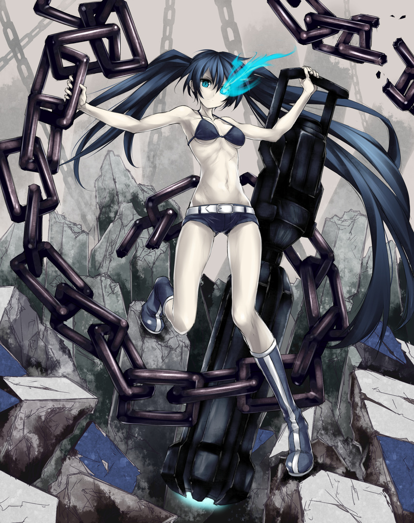 absurdres armpits bad_id bad_pixiv_id bare_shoulders belt bikini_top black_hair black_rock_shooter black_rock_shooter_(character) blue_eyes blue_hair boots burning_eye chain glowing glowing_eye gun highres huge_weapon keikotsu knee_boots long_hair midriff older pale_skin revision scar short_shorts shorts solo twintails very_long_hair weapon