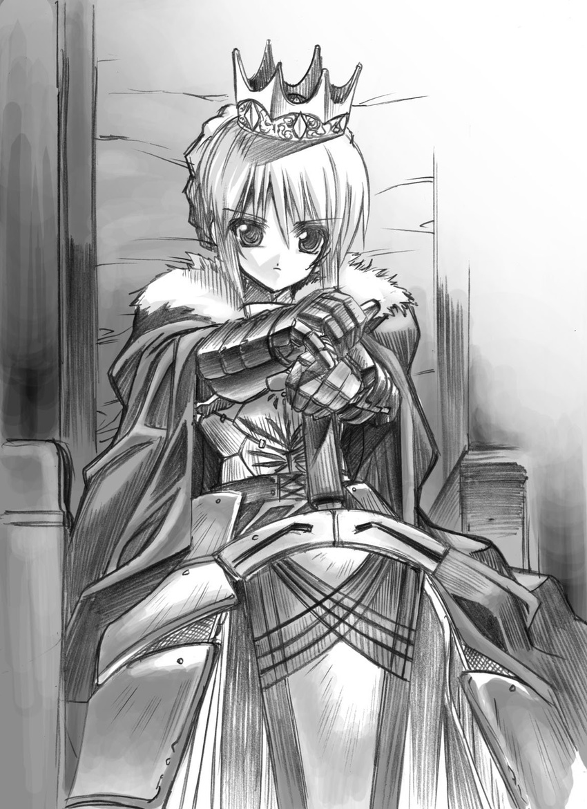armor armored_dress artoria_pendragon_(all) crown fate/stay_night fate_(series) greyscale hands_on_hilt highres monochrome saber senomoto_hisashi sitting solo sword weapon