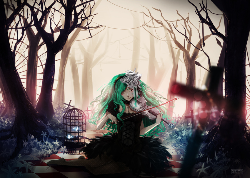 birdcage bug butterfly cage checkered checkered_floor closed_eyes cross dress flower green_hair hair_flower hair_ornament hairband hatsune_miku highres insect instrument jewelry long_hair necklace ormille solo violin vocaloid