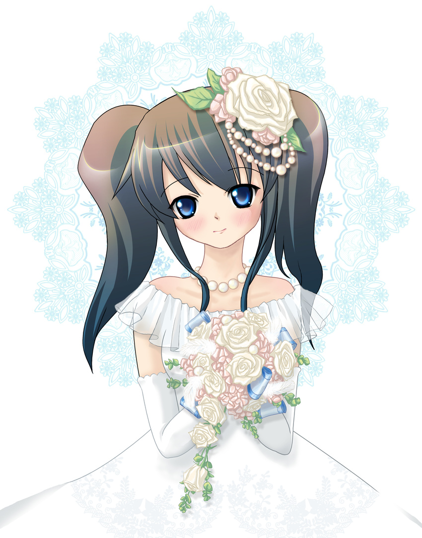 absurdres blue_eyes blush brown_hair dress flower highres long_hair looking_at_viewer mihoco original solo wedding_dress