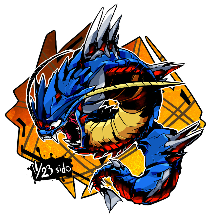 dragon fangs gen_1_pokemon gyarados highres monster no_humans open_mouth pokemon pokemon_(creature) red_eyes revision sharp_teeth sido_(slipknot) signature simple_background solo teeth white_background