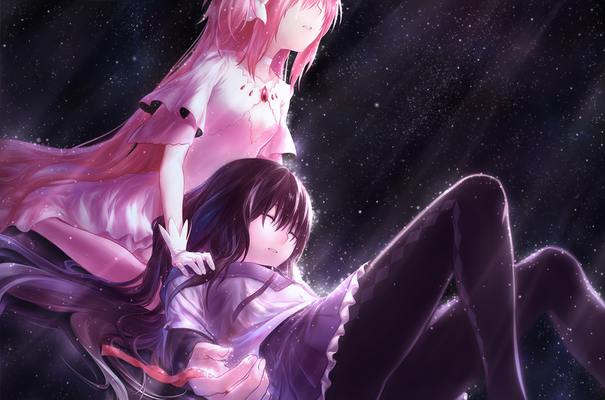 akemi_homura argyle argyle_legwear azmodan black_hair black_legwear closed_eyes dress hair_over_eyes head_out_of_frame highres kaname_madoka long_hair lying mahou_shoujo_madoka_magica multiple_girls on_back pantyhose pink_hair ribbon sitting skirt spoilers tears ultimate_madoka