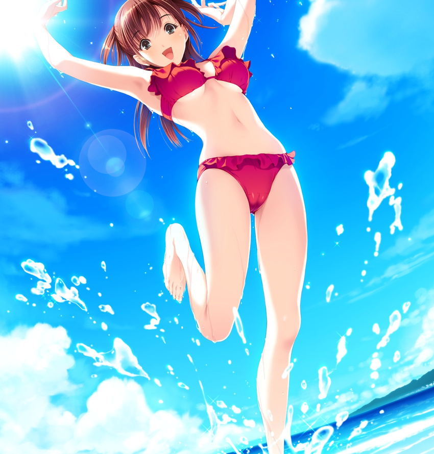 1girl barefoot bikini black_eyes breasts brown_hair cameltoe cloud clouds feet game_cg happy highres legs looking_at_viewer navel ocean open_mouth sky smile solo standing sun sunlight swimsuit toenails toes water