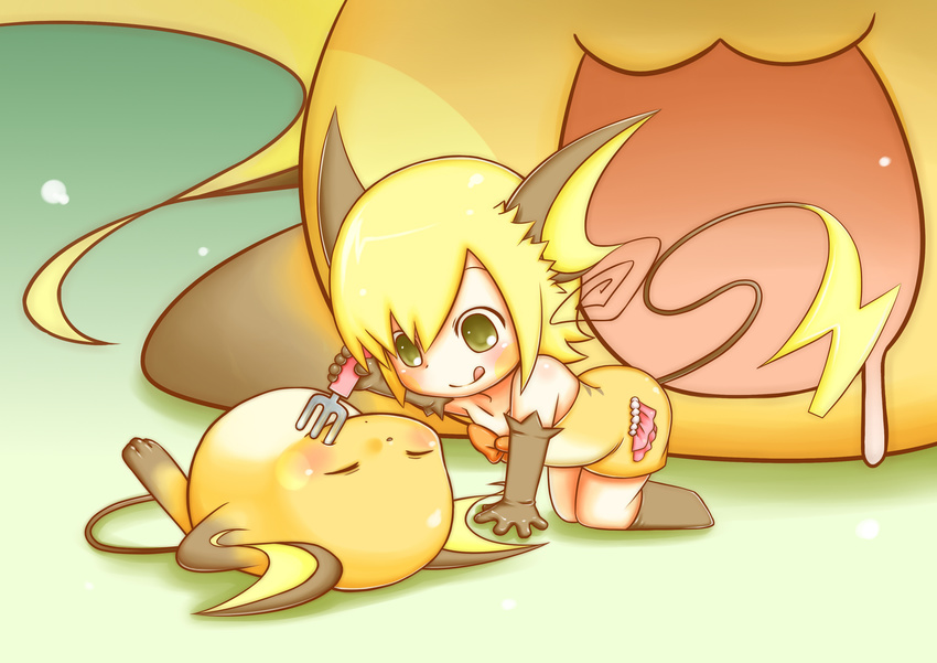 :3 :q absurdres all_fours animal_ears black_legwear blonde_hair bow cafe_(chuu_no_ouchi) collarbone dress drooling elbow_gloves fork gen_1_pokemon gloves green_eyes highres kneehighs open_mouth personification pokemon pokemon_(creature) raichu short_hair tail tongue tongue_out yellow_dress