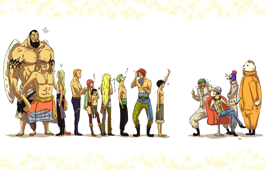 1girl 6+boys 9boys basil_hawkins bear beard belt bepo black_hair blue_hair boiler_suit brown_hair capone_gang_bege clipboard coveralls doctor eustass_captain_kid facial_hair glasses green_hair haramaki hat highres jewelry_bonney killer_(one_piece) labcoat line long_hair medical monkey_d_luffy multiple_boys nurse nurse_cap nurse_hat one_piece orange_hair patient penguin_(one_piece) pink_hair red_hair roronoa_zoro sash scratchmen_apoo shachi_(one_piece) shorts sitting sleeping supernova tattoo thighhighs topless trafalgar_law urouge wings x_drake