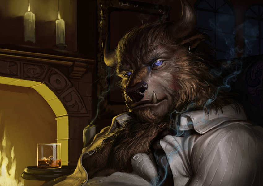 bison blue_eyes bourbon bovine candle canine classy clothing fire fireplace glass hybrid looking_at_viewer male necktie ryan_wardlow shirt smoke wolf