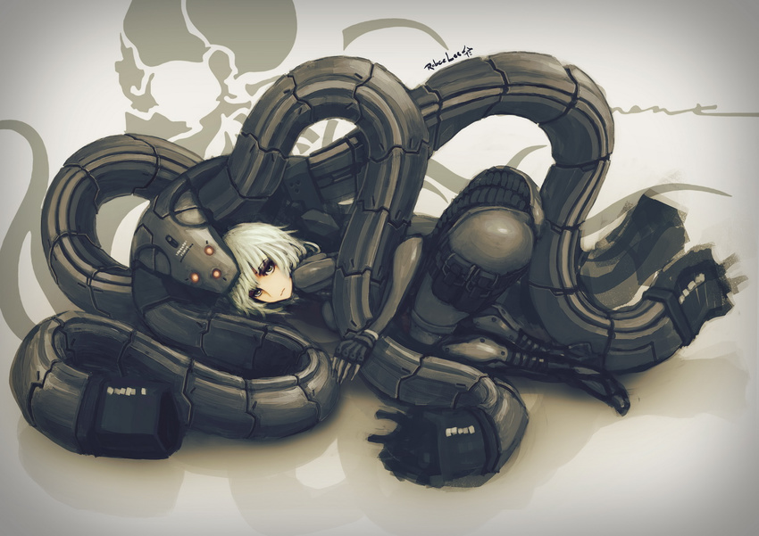 ass bodysuit expressionless fingerless_gloves gloves grey_eyes latex laughing_octopus looking_at_viewer metal_gear_(series) metal_gear_solid_4 power_suit robce_lee short_hair silver_hair skin_tight solo tentacles top-down_bottom-up