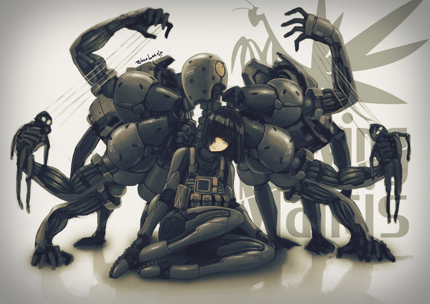 bangs black_eyes black_hair blunt_bangs bodysuit boots gloves latex metal_gear_(series) metal_gear_solid_4 multiple_arms pouch power_suit puppet robce_lee screaming_mantis short_hair sitting skin_tight solo vest