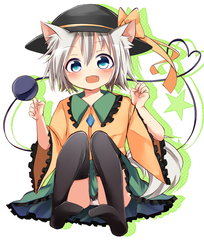 animal_ears black_legwear blue_eyes blush cat_ears cat_tail fang hat hat_ribbon highres kemonomimi_mode komeiji_koishi long_sleeves looking_at_viewer no_shoes open_mouth panties pantyshot pantyshot_(sitting) paw_pose ribbon shirt short_hair silver_hair sitting skirt smile solo tail thighhighs third_eye tosura-ayato touhou underwear upskirt white_panties wide_sleeves