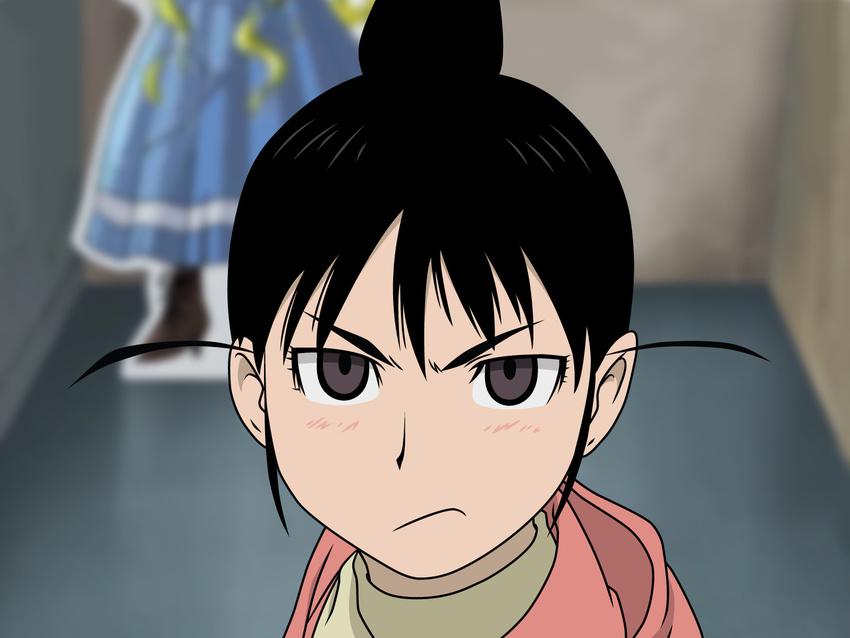 ahoge angry artist_request black_hair blurry brown_eyes clubroom depth_of_field face genshiken highres looking_at_viewer ogiue_chika otaku photo_background solo topknot