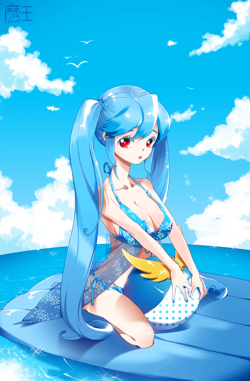 artist_request bad_id bad_pixiv_id bikini blue_hair breasts cleavage cloud day highres large_breasts long_hair looking_at_viewer luthica_preventer nail_polish ocean open_mouth red_eyes side-tie_bikini sky solo swimsuit sword_girls twintails
