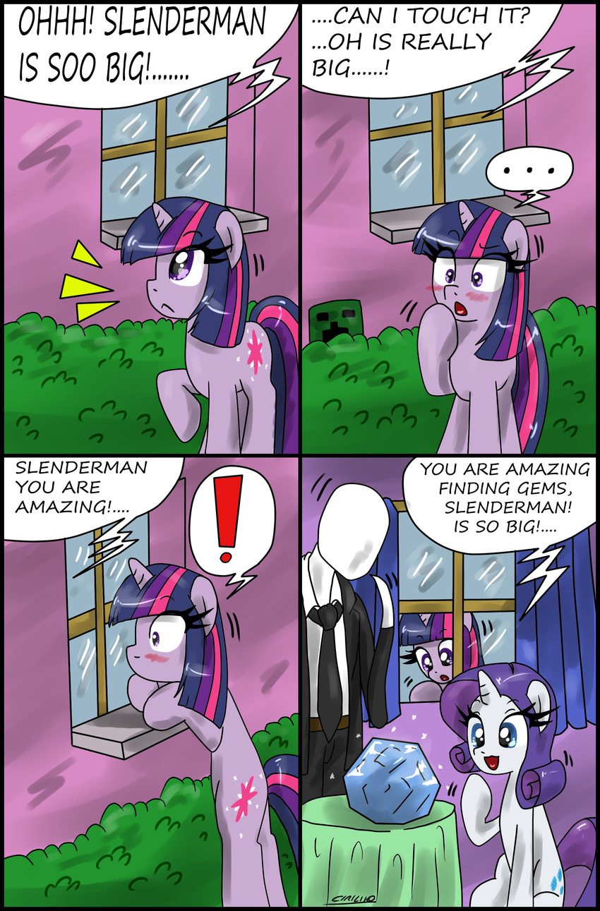 ... 2012 being_watched blue_eyes blush bush ciriliko clothing comic creeper cutie_mark dialog dialogue diamond english_text equine female feral friendship_is_magic gem group hair horn horse mammal minecraft multi-colored_hair my_little_pony pony purple_eyes rarity_(mlp) slenderman sparkles suggestive suit table text twilight_sparkle_(mlp) unicorn video_games window